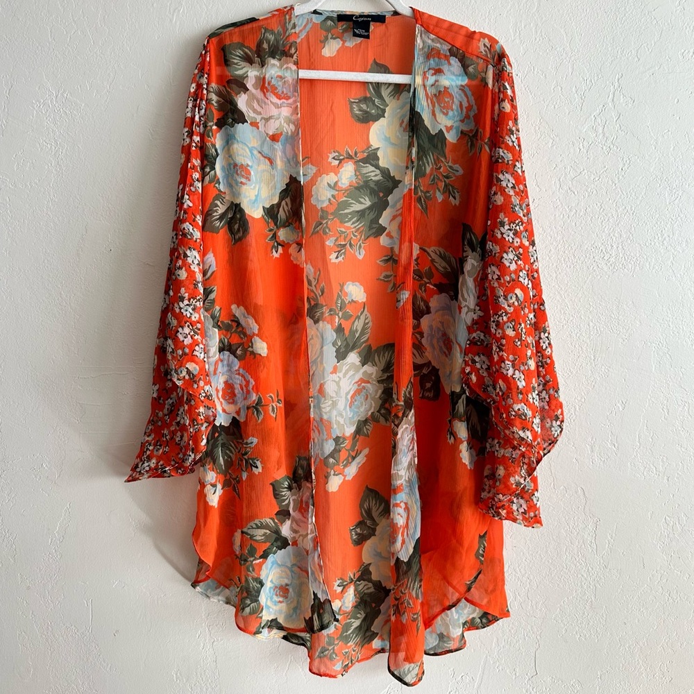 Cejon Boho Sheer Floral Red Orange Blue Cream Kimono Whimsical Feminine Wrap O/S